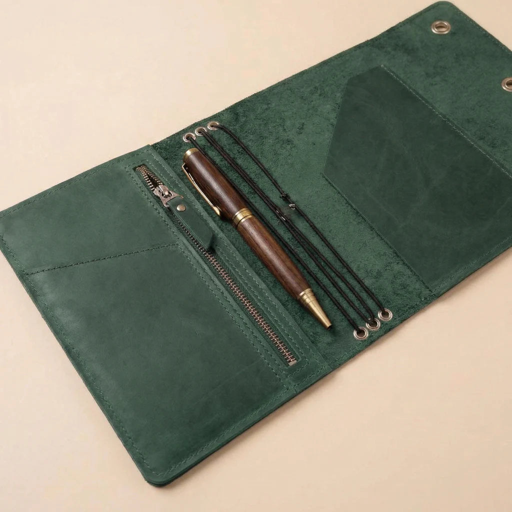 Green leather journal cover with a pen and accessories on a beige background