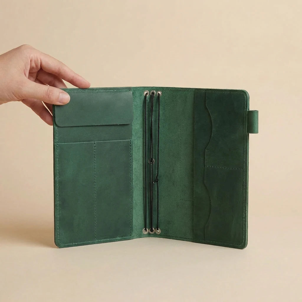 Green leather journal cover held open by a hand on a beige background