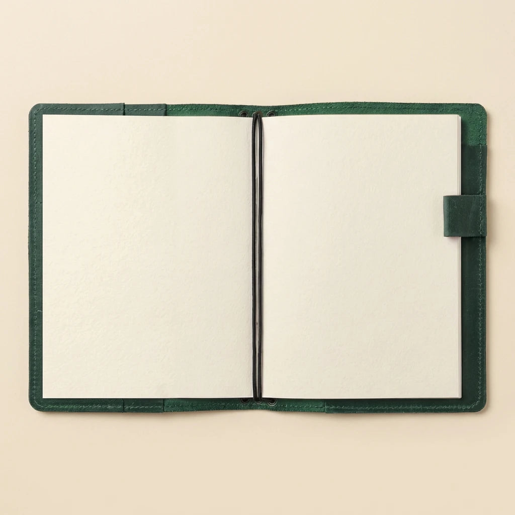 Open notebook with green leather cover on a beige background