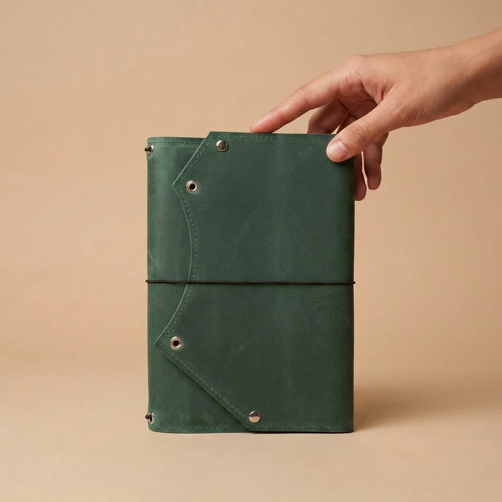 Hand holding a green leather notebook against a beige background