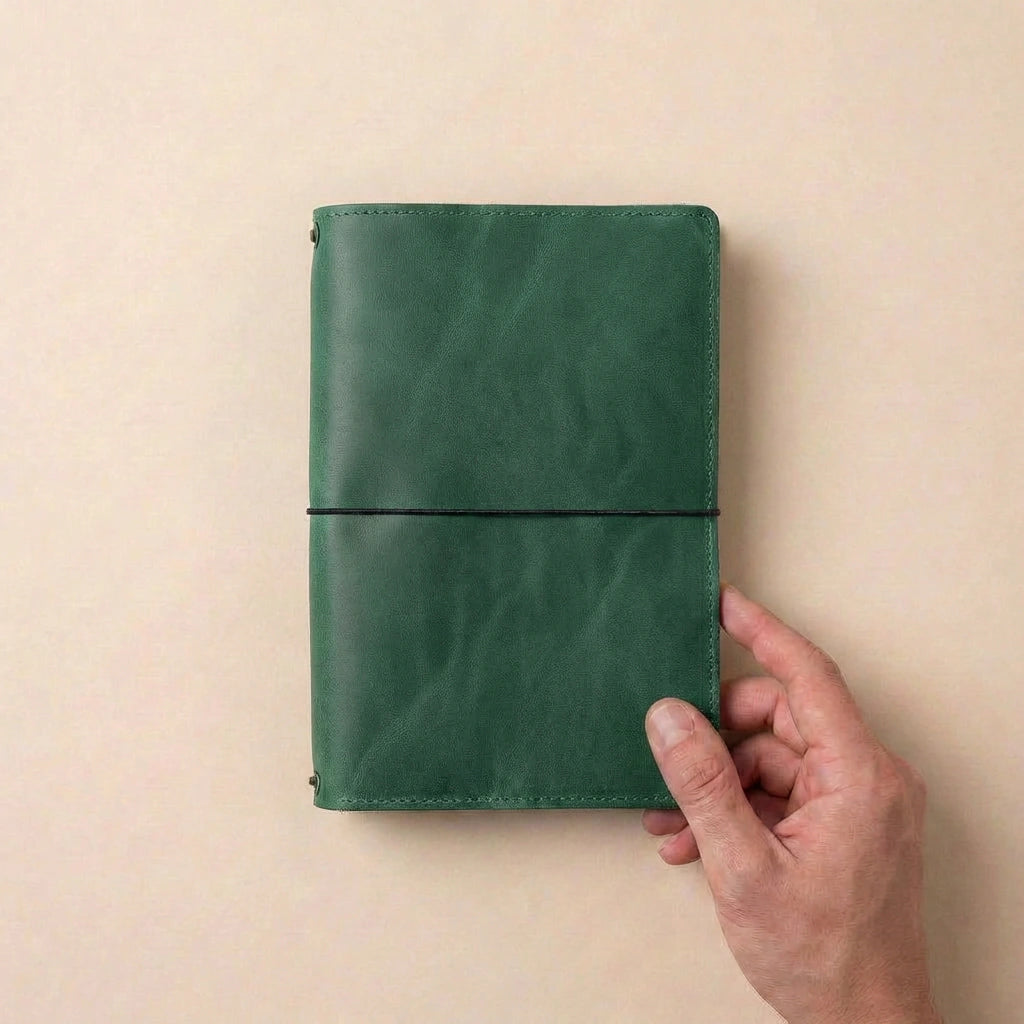 Green leather notebook held by a hand on a beige background