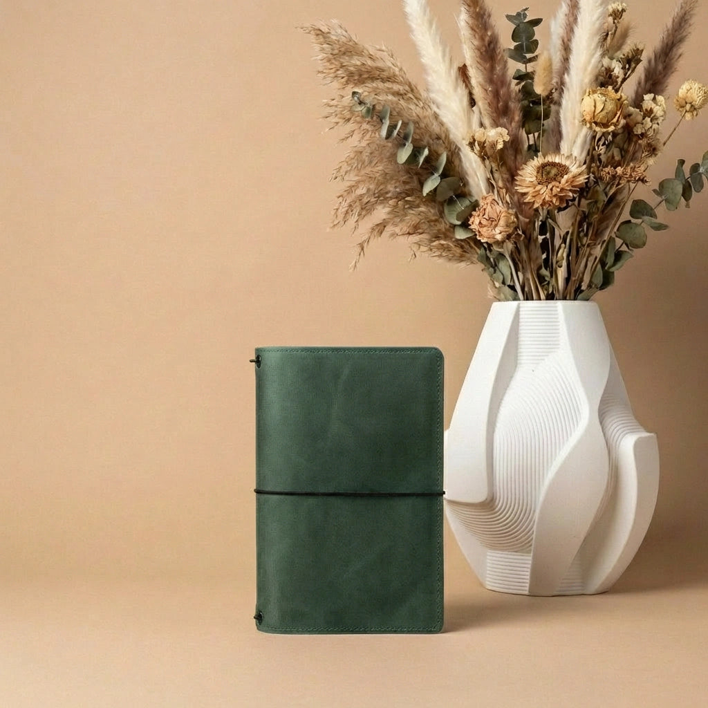 Green notebook and white vase with dried flowers on a beige background