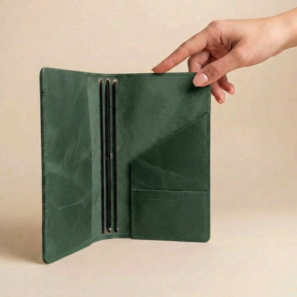 Green leather wallet held open by a hand on a beige background