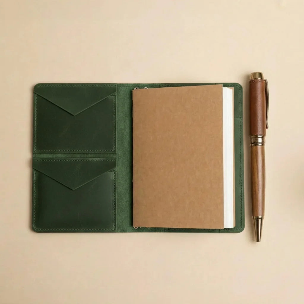 Green leather notebook with a pen on a beige background