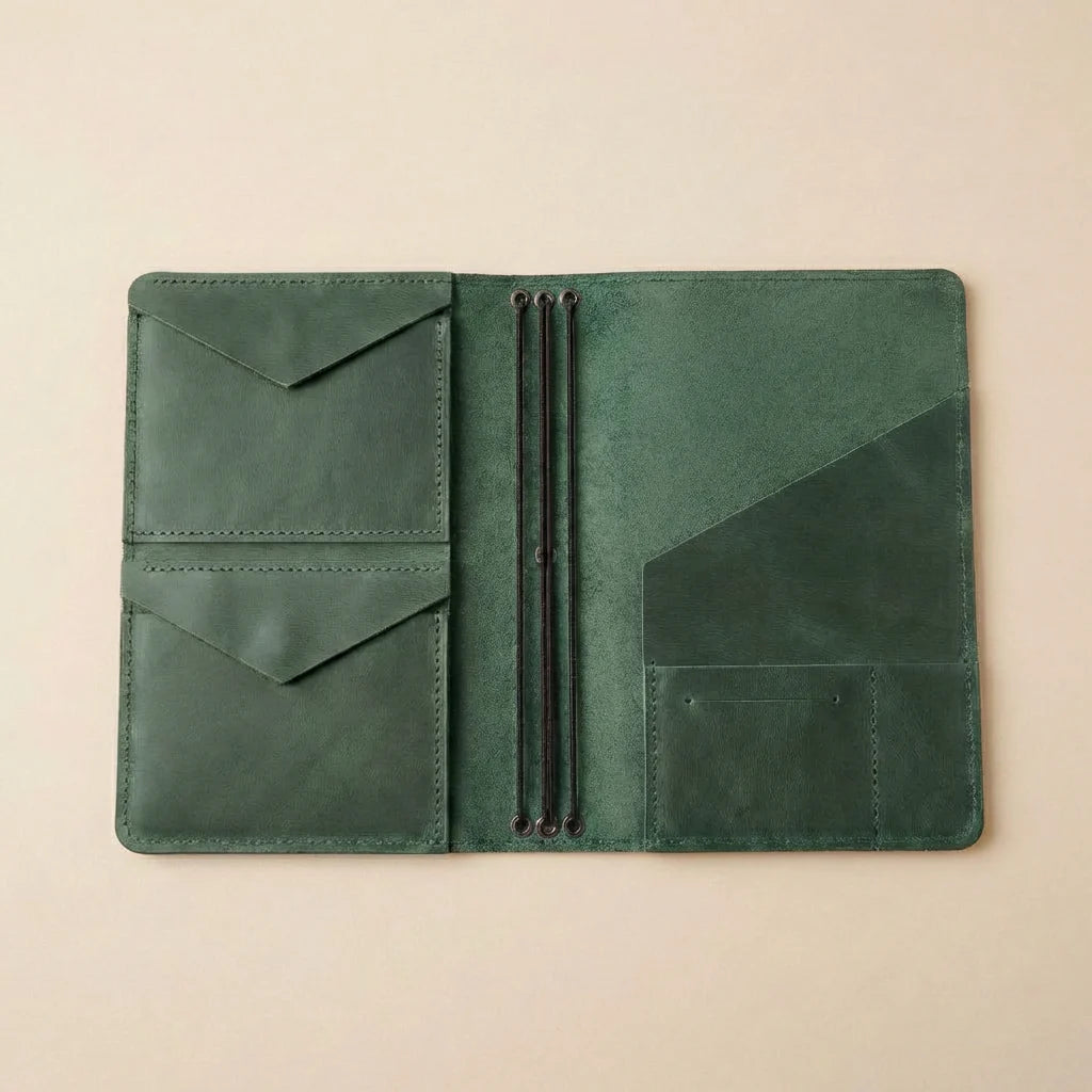 Green leather journal cover with multiple pockets on a beige background