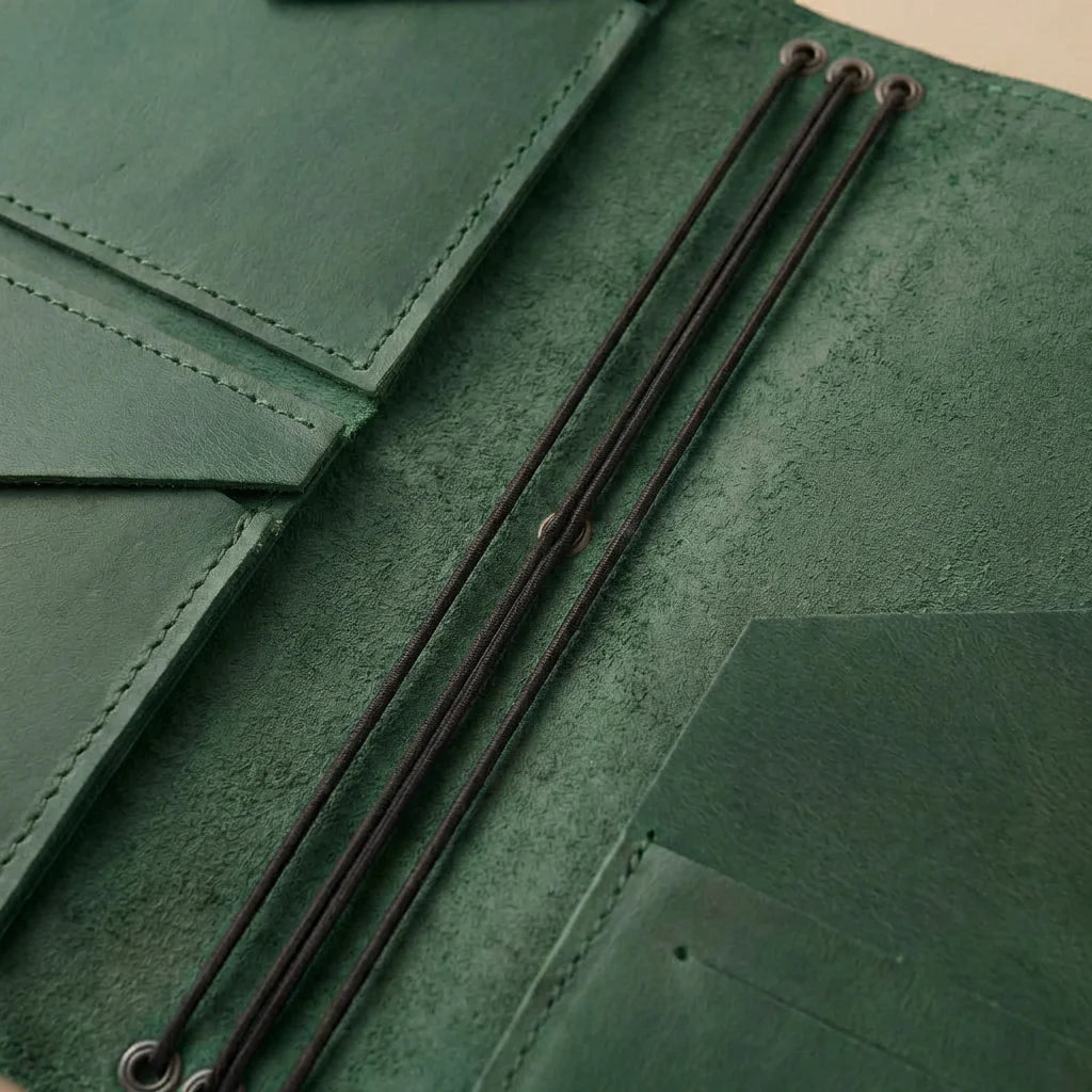 Close-up of a green leather journal cover with stitching details