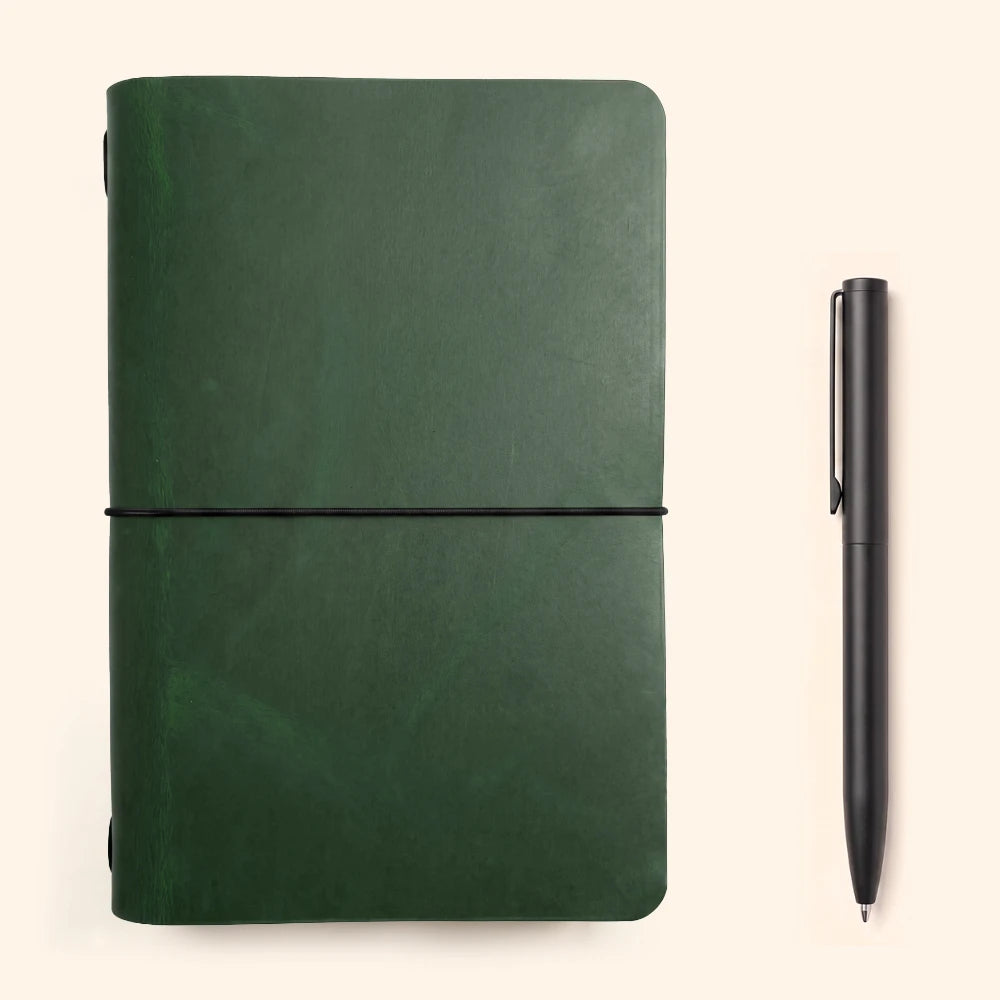 Natural leather notebook protector designed for keeping daily writing essentials together.
