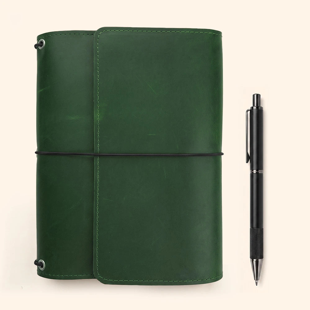 Premium leather writing cover featuring structured interior pockets and convenient pen loop.