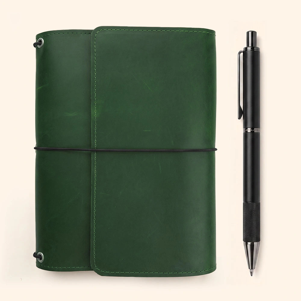 Leather notebook cover crafted with inner organizer pockets and durable pen holder.