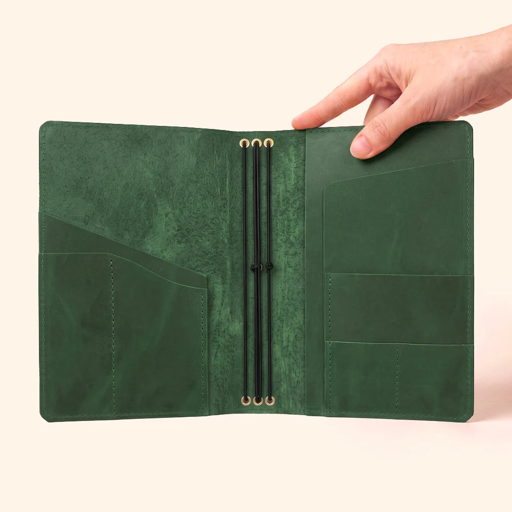 Classic leather journal cover featuring three elastic holders for interchangeable notebook refills.