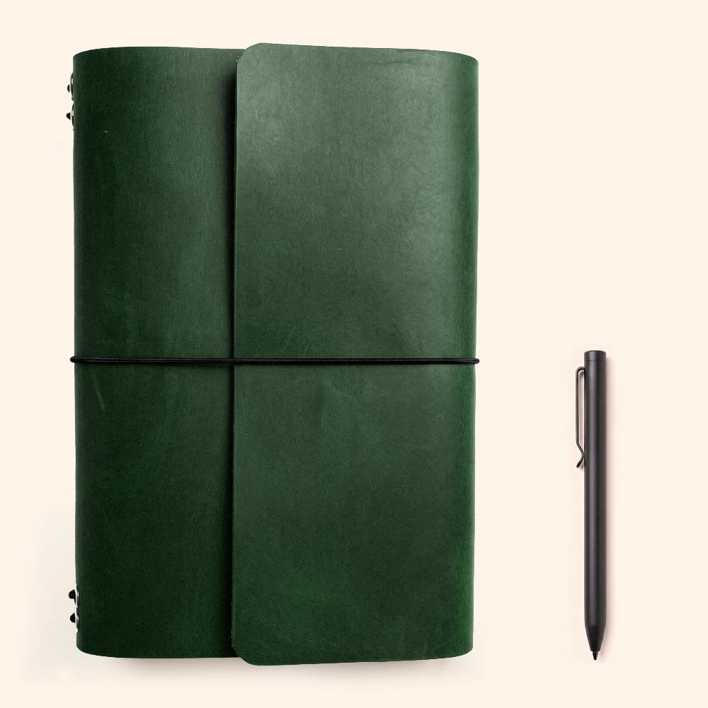 Durable leather refill cover with six interior cords for interchangeable paper notebooks.