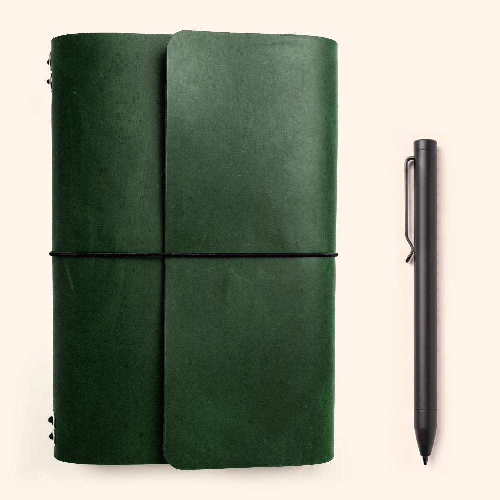 Leather writing folio designed to secure six notebook refills using flexible elastic cords.