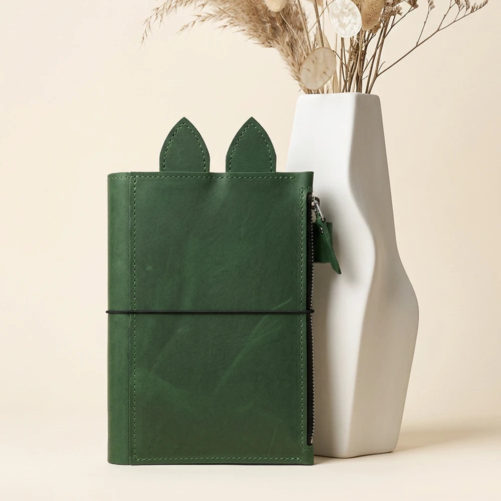 Leather planner organizer with triple elastic bands and reinforced attachment hardware.