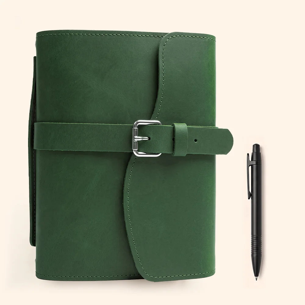 Natural hide planner cover with useful compartments, pen loop, ribbon marker, and durable carrying handle.
