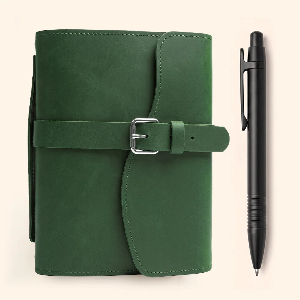 Natural leather journal cover with organized pockets, elastic pen holder, integrated bookmark, and durable outer handle.