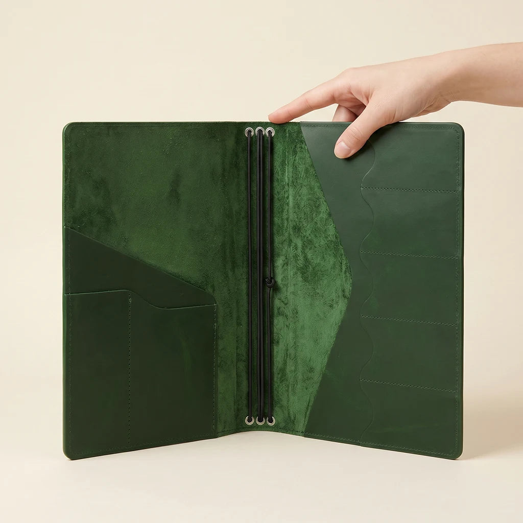 Leather cover system allowing quick notebook replacement and easy organization.
