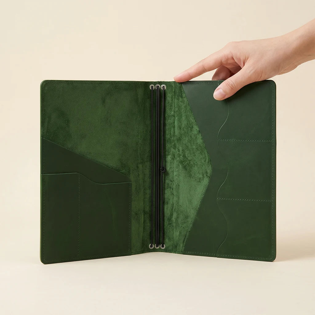 Leather planner cover showcasing clean craftsmanship and practical organization.