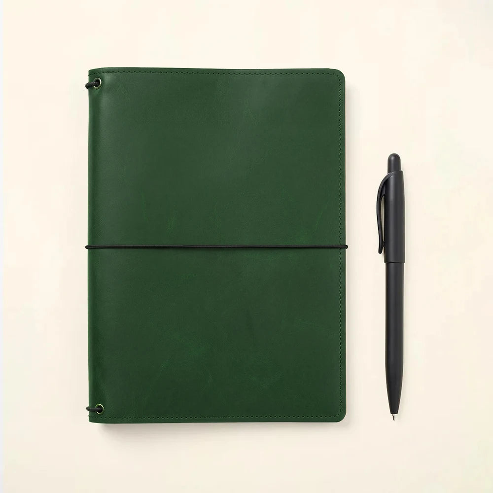 Durable leather notebook folio with practical storage compartments and elastic notebook bands.