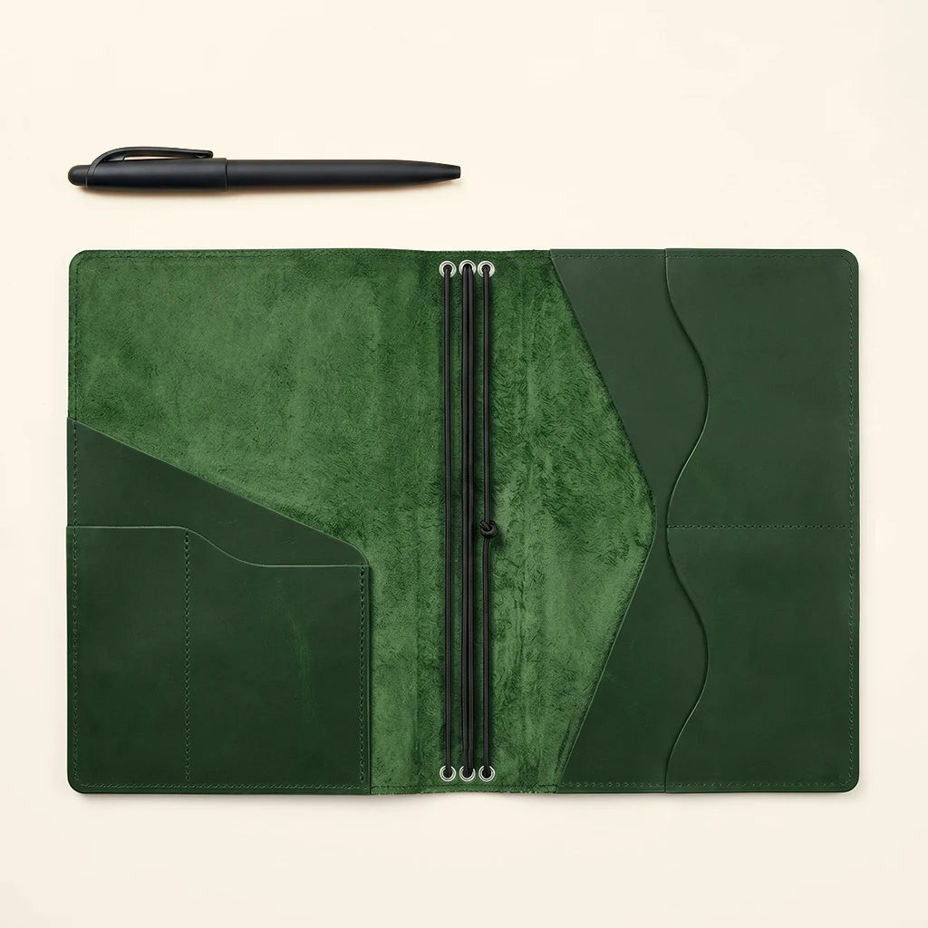 Handmade leather notebook organizer featuring three elastics and card holders.