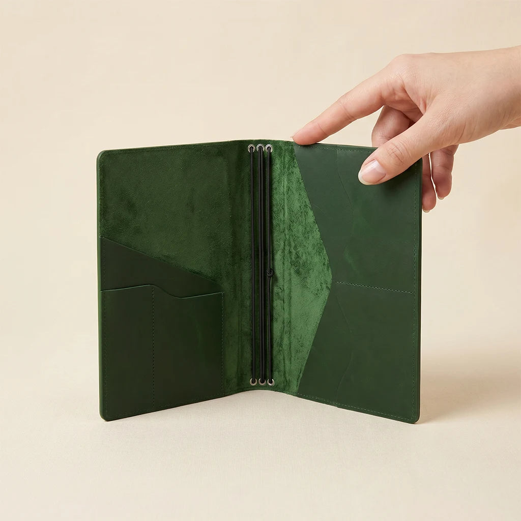 Refillable notebook cover crafted from leather with practical interior organization.
