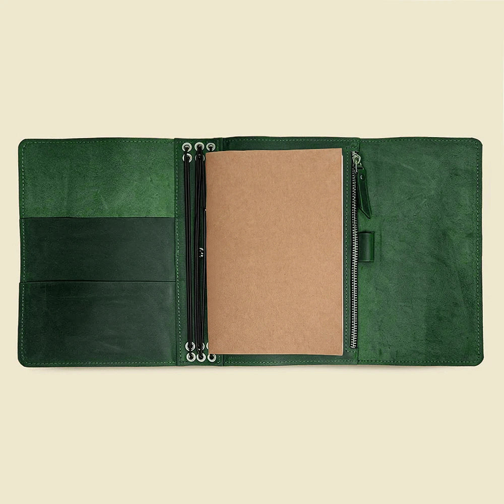 Genuine leather journal organizer with interior pockets and six flexible elastic bands.