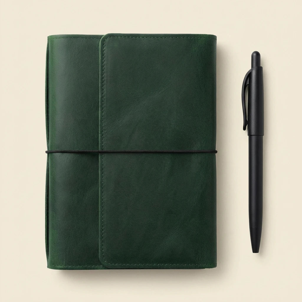 Green leather notebook and black pen on a beige background
