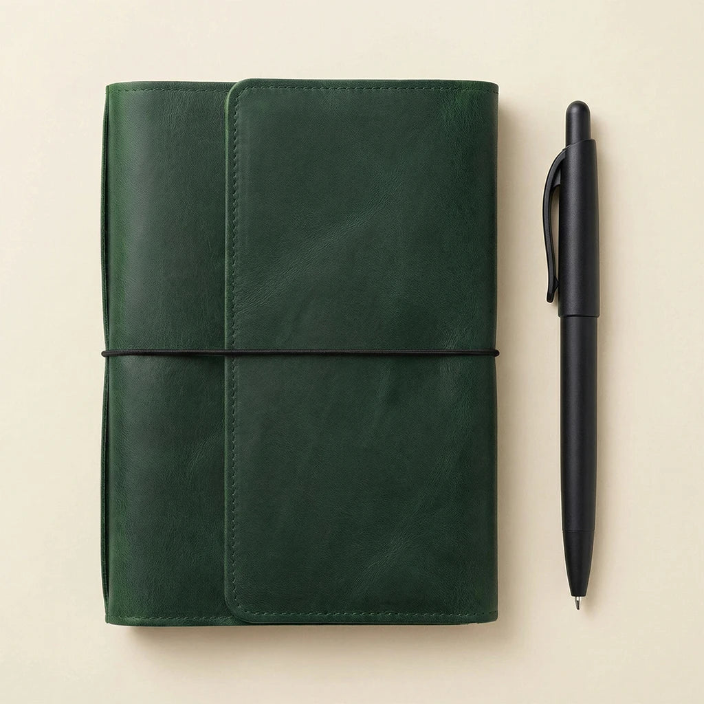 Green leather notebook and black pen on a beige background