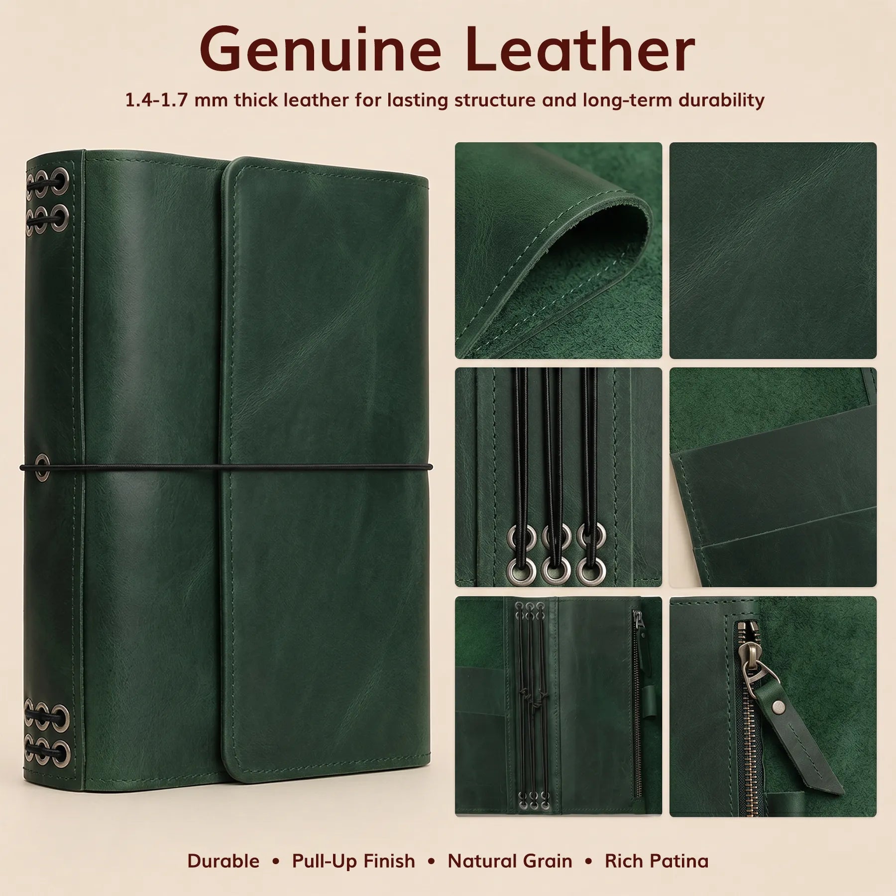 Rustic leather notebook cover with elastic bands, pockets, and personalization available