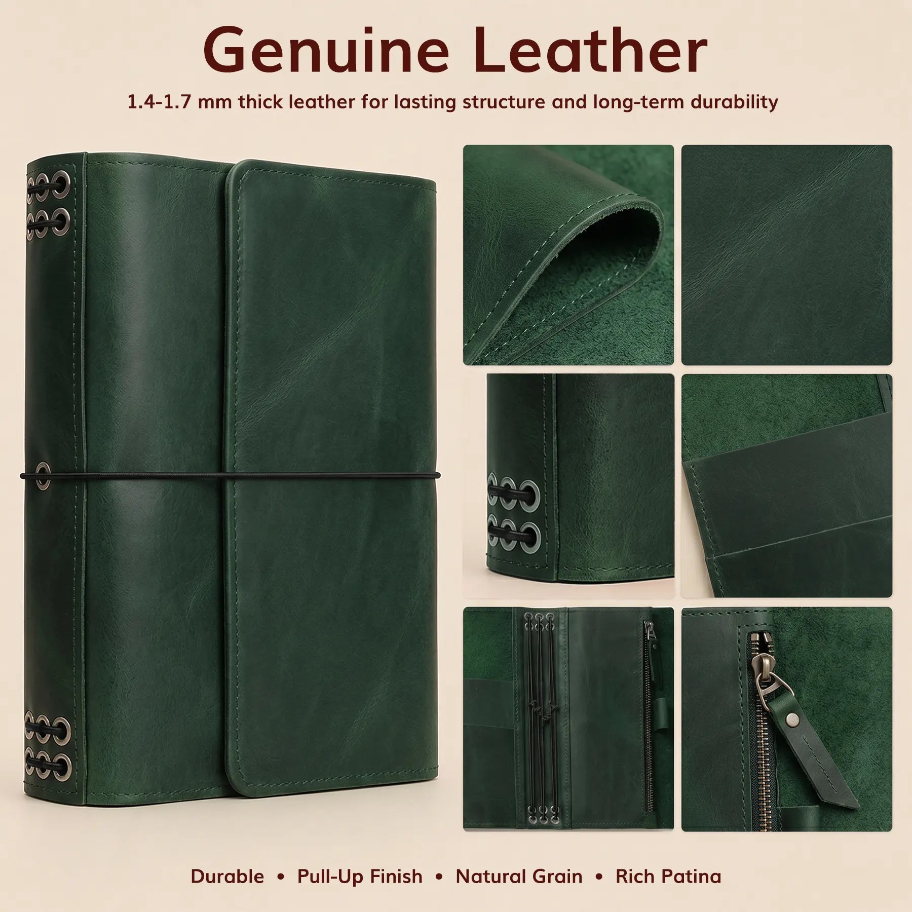 Genuine leather travel journal cover with elastic notebook bands and organized interior storage pockets.