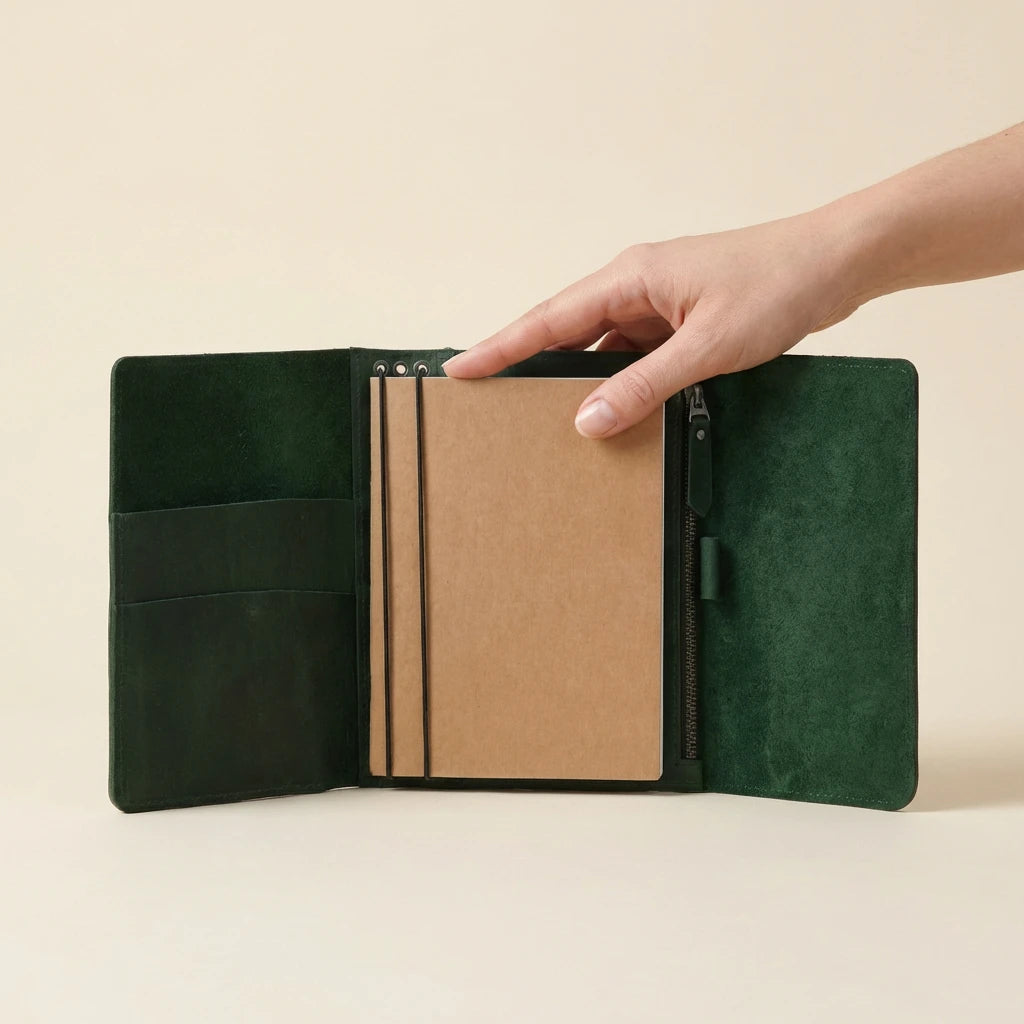 Green leather journal with a zipper held open by a hand on a beige background