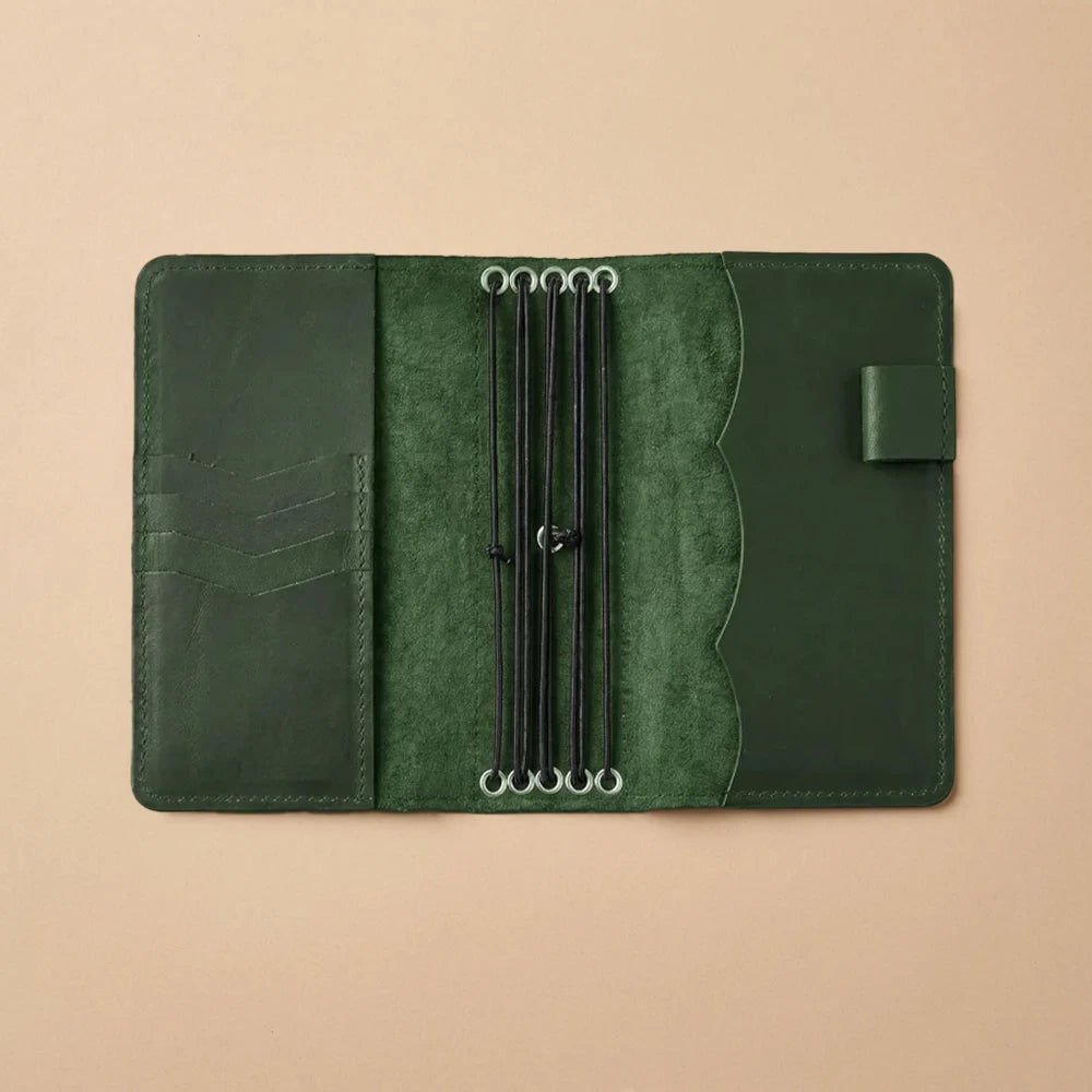 Refillable leather journal cover with secure pen loop and compartments.