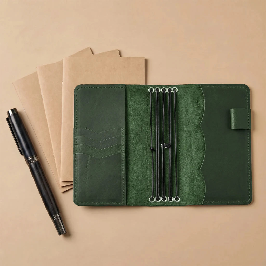 Leather notebook organizer showcasing five elastics and storage pockets