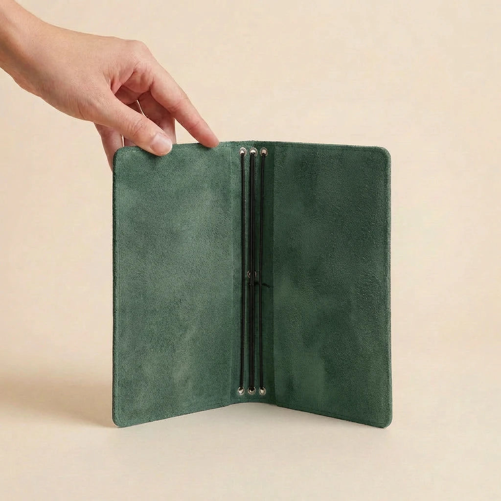 Green leather journal cover held open by a hand on a beige background