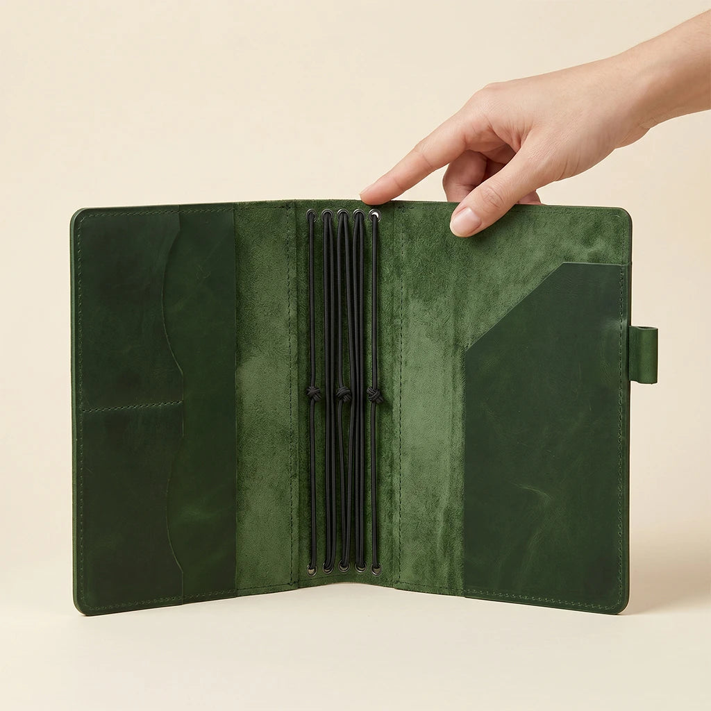 Leather journal organizer with notebook elastics and convenient pen holder