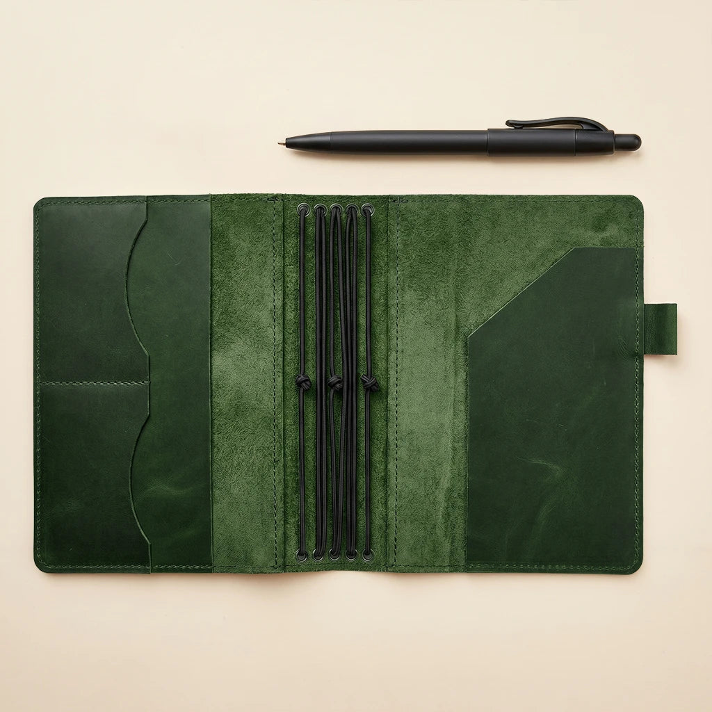 Leather traveler's notebook cover with five elastic bands and storage pockets