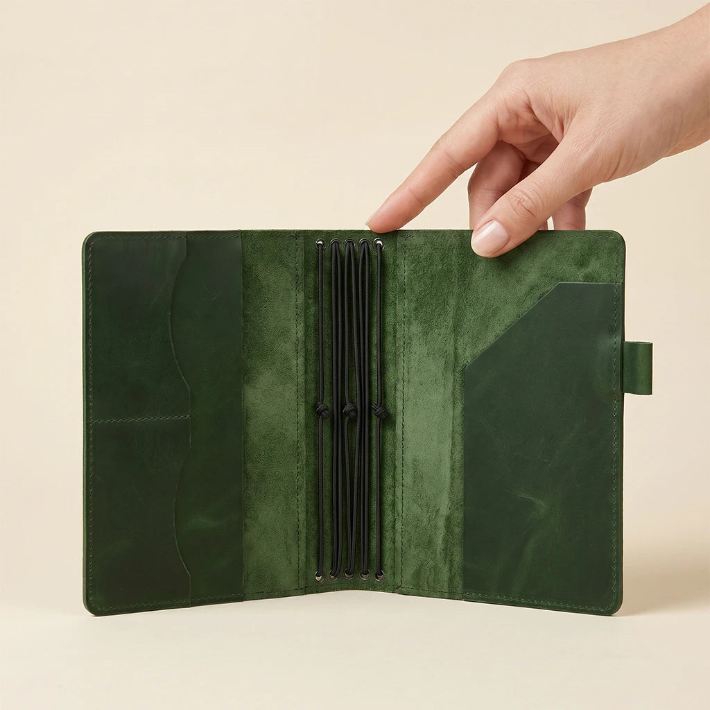 Handmade leather cover for notebooks with pen holder and five elastics