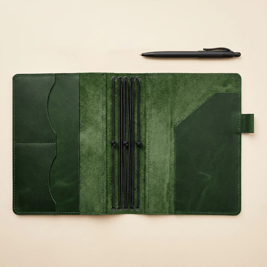 Leather notebook organizer with refillable insert system and practical pen loop