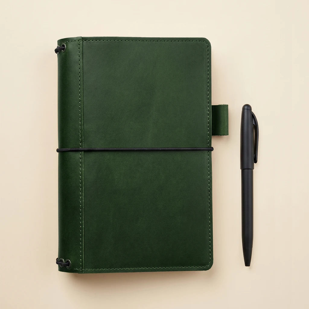 Handmade refillable notebook cover with leather pockets and pen holder