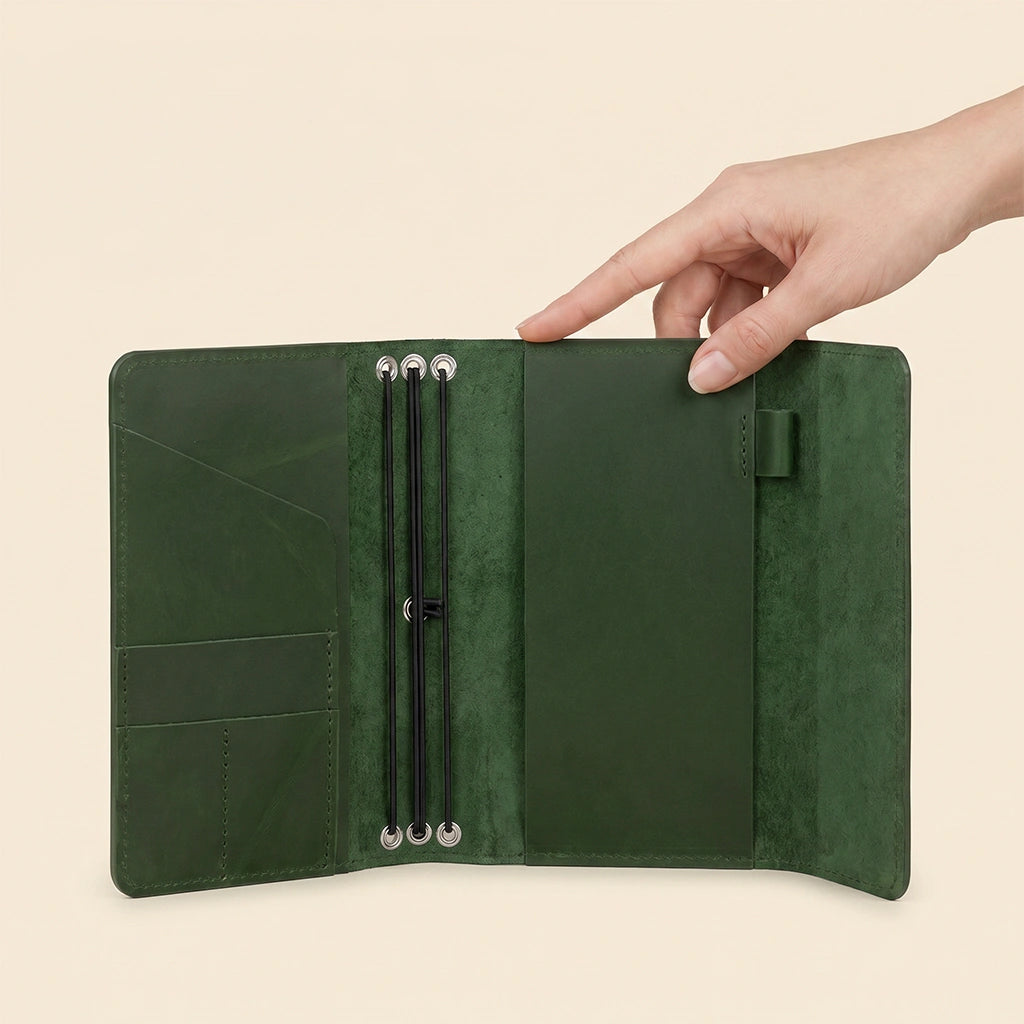 Handmade leather writing cover featuring organizer pockets for cards and personal essentials.
