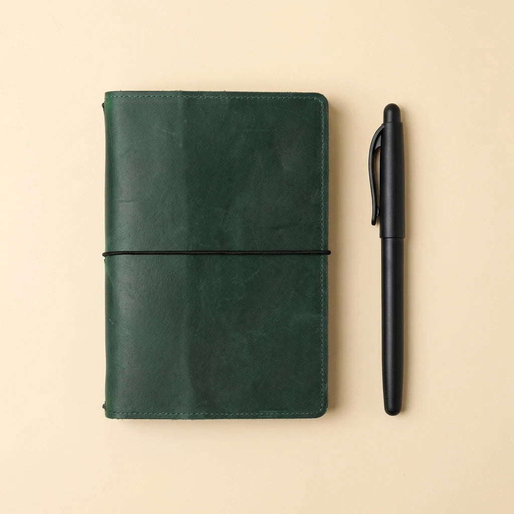 Green leather notebook with a black pen on a beige background