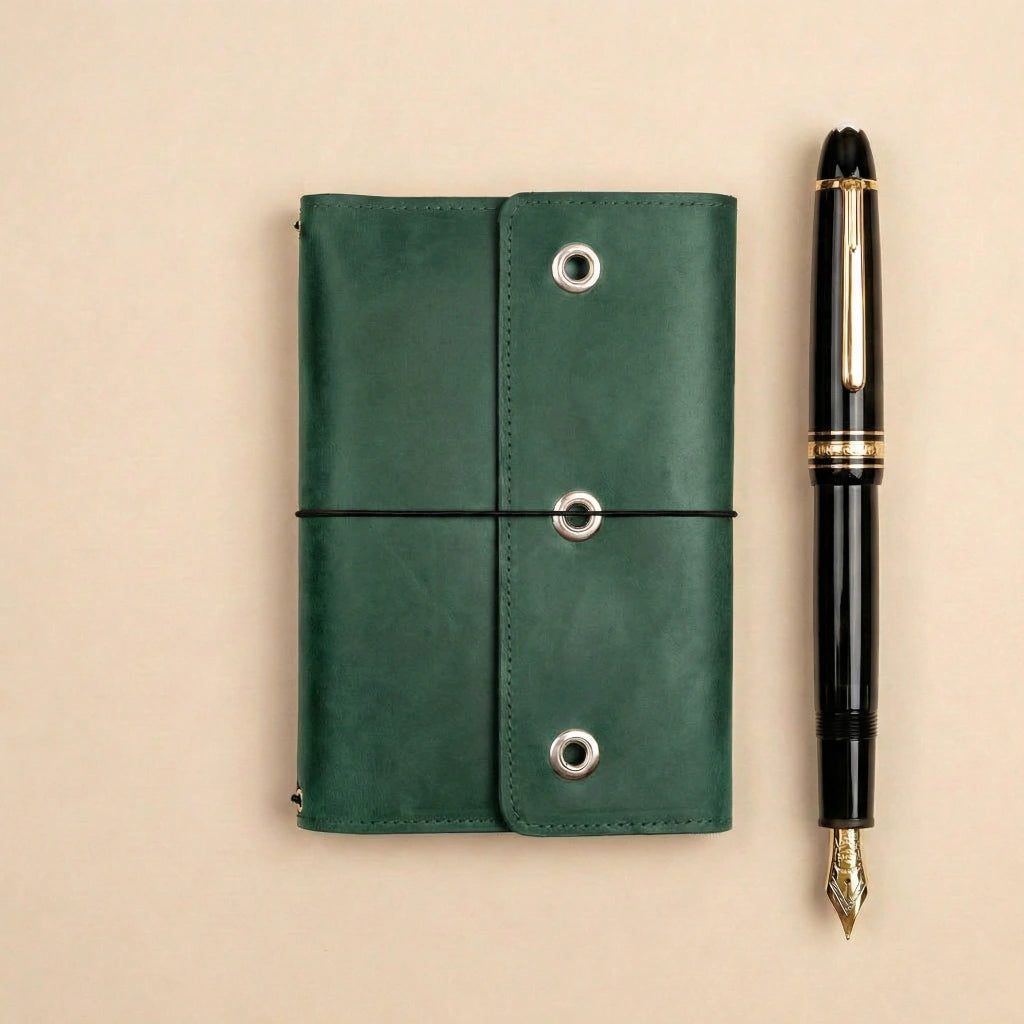 Green leather notebook with a black fountain pen on a beige background