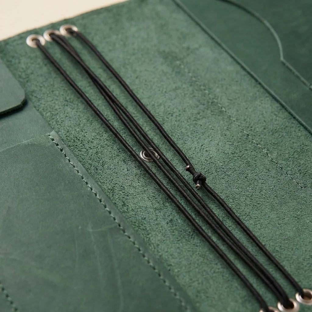 Close-up of a green leather product with black laces on a matching green background