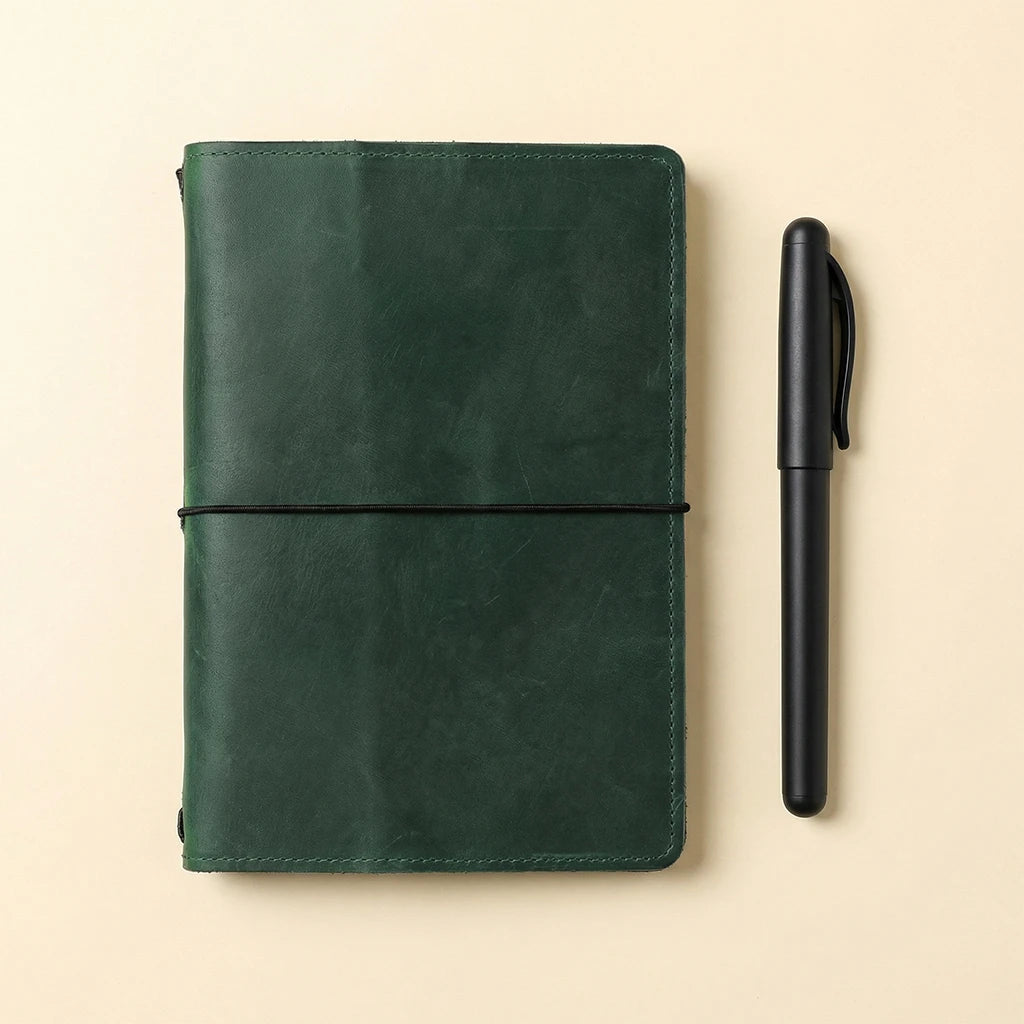 Green leather notebook and black pen on a beige background
