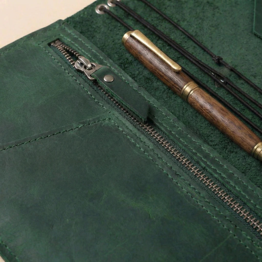 Green leather pouch with a wooden pen and black thread on a beige background