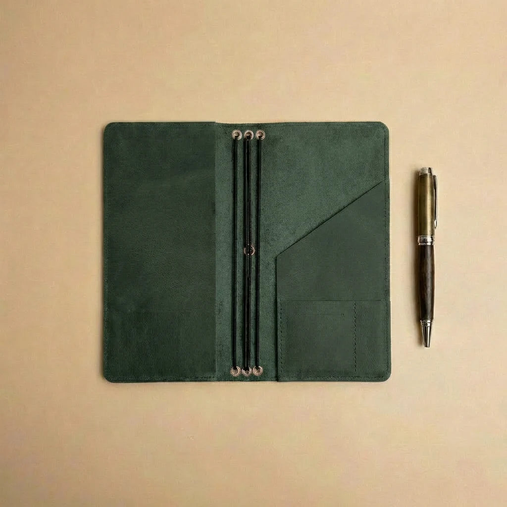 Green leather notebook with pen holder and a pen on a beige background