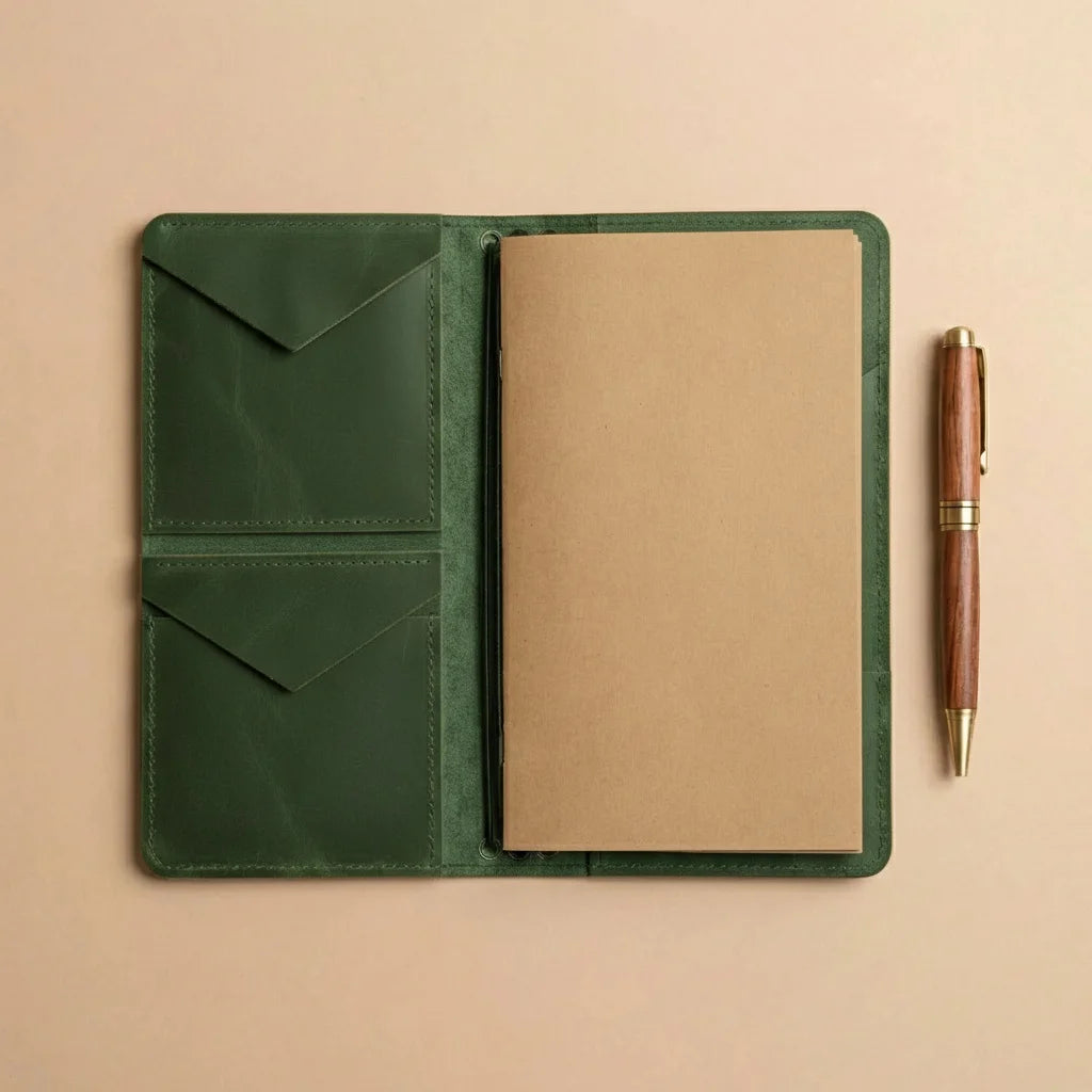 Green leather notebook with a pen on a beige background