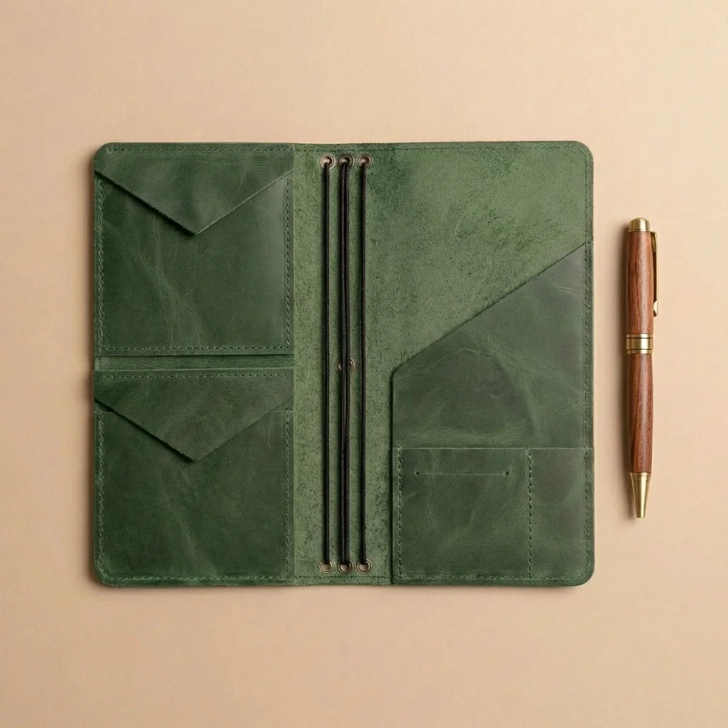 Green leather journal with pen and pen holder on a beige background