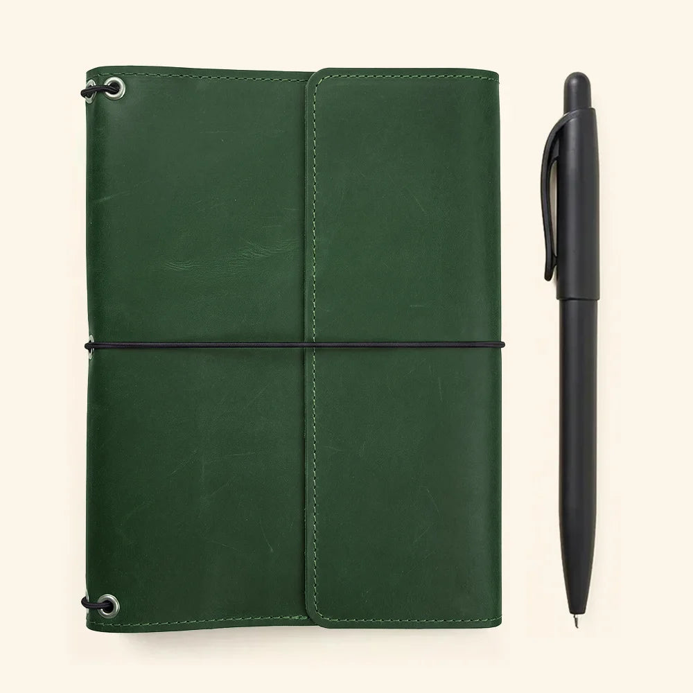 Full grain leather notebook organizer with three elastic bands and convenient interior storage.
