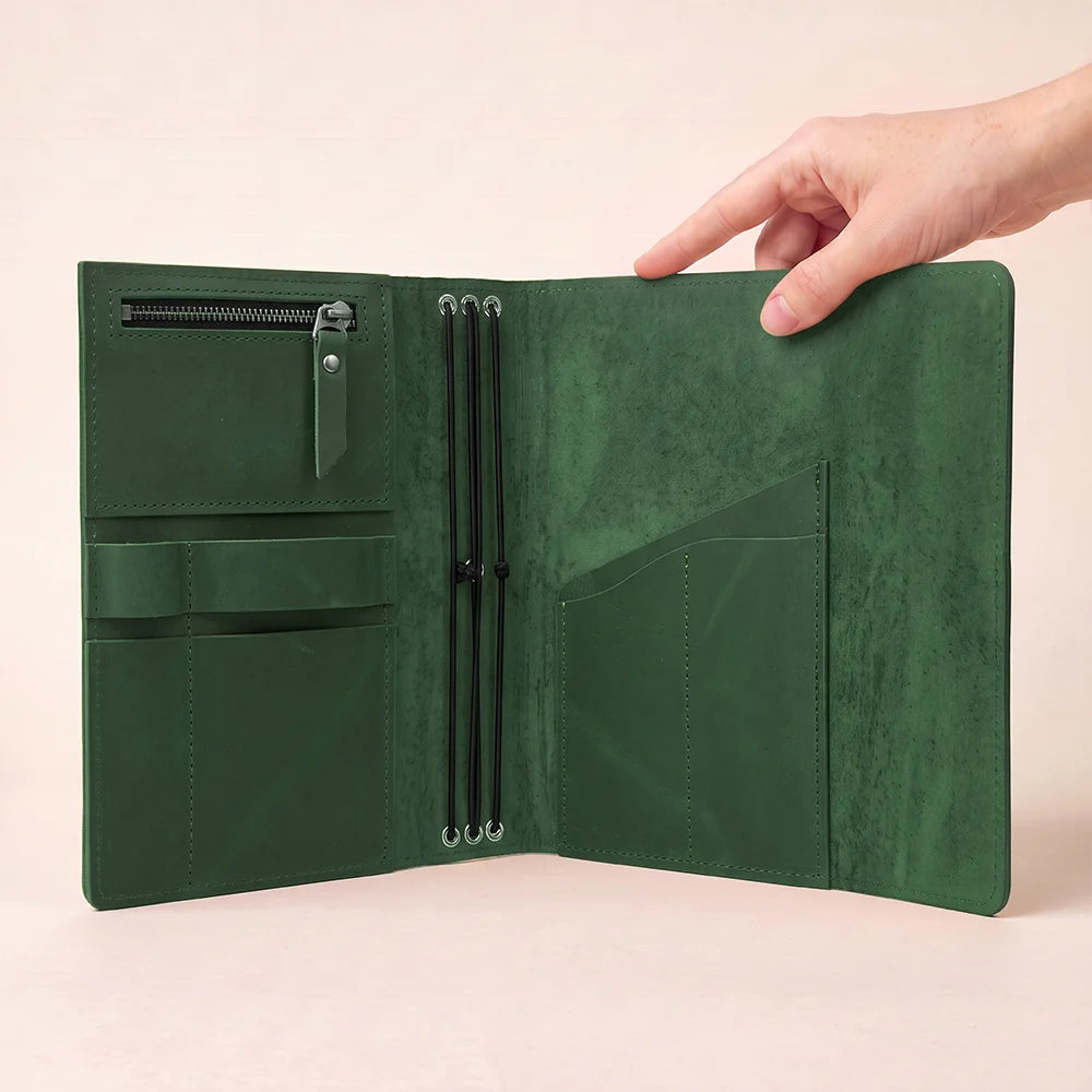 Classic leather journal cover with multiple inner sections and a secure place for pens.