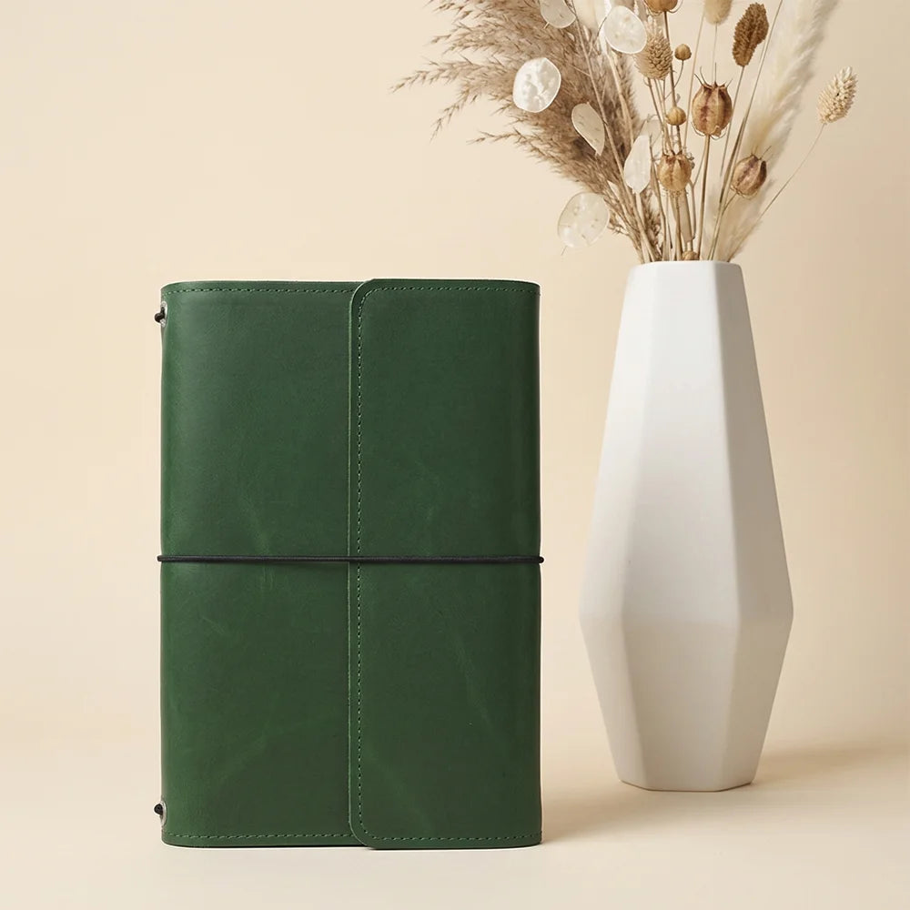Genuine leather cover with interior compartments for cards, notes, and essential accessories